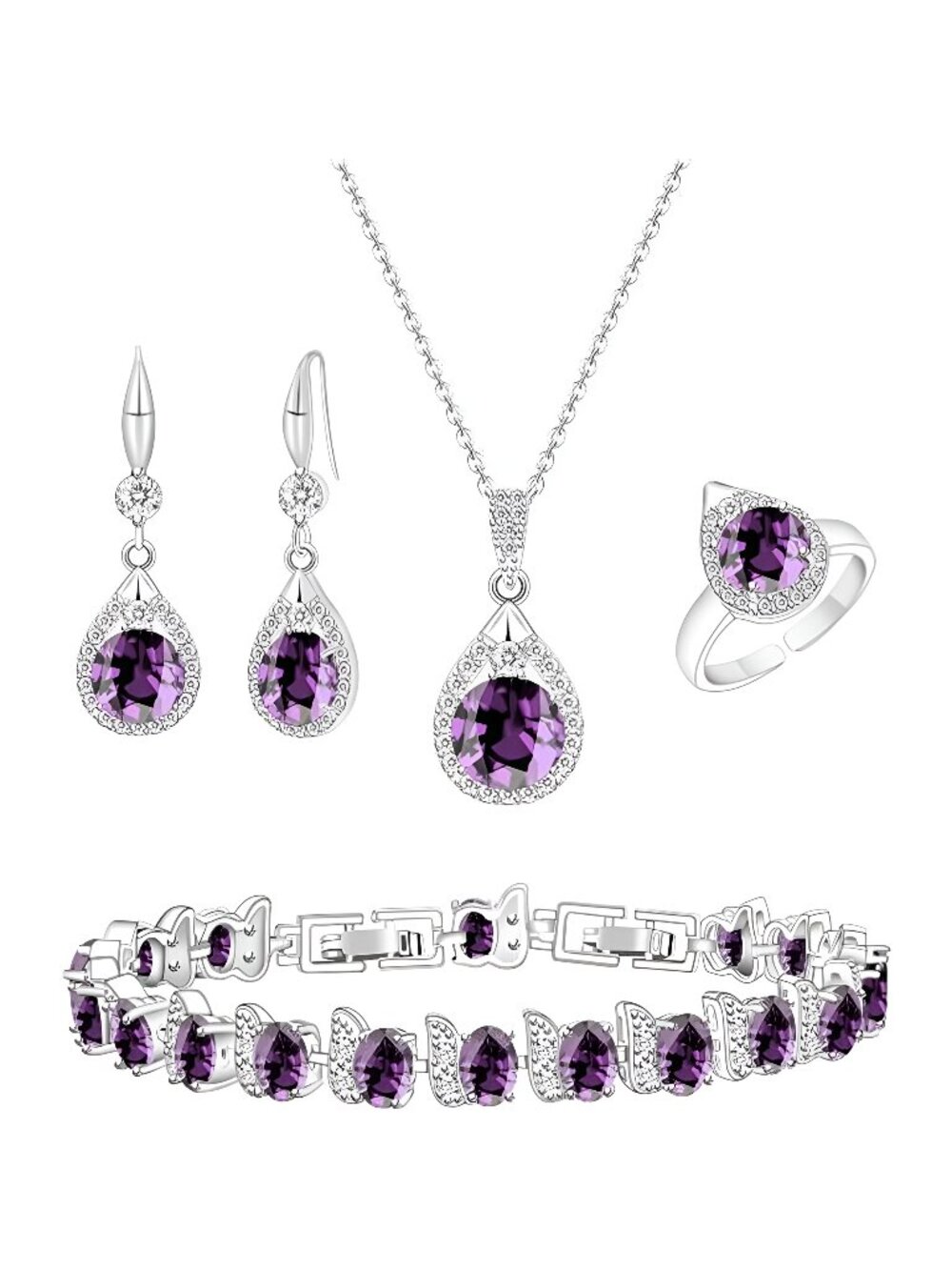 Jewelry Set For Women,Platinum Plated Necklace Ring Earrings Bracelet